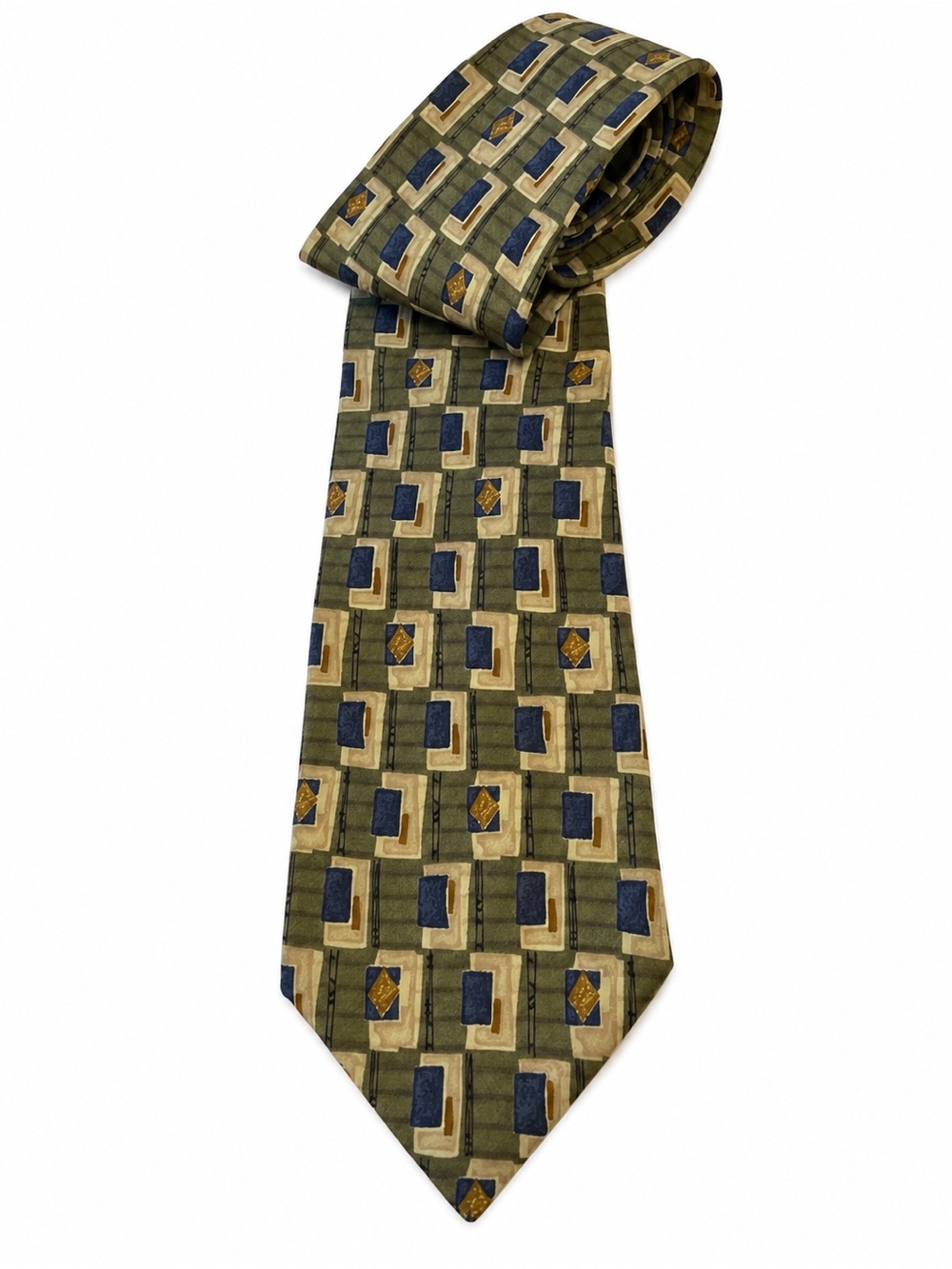 Vintage Zylos George Machado Men's Tie Silk Olive Green Navy Blue Geometric 90s